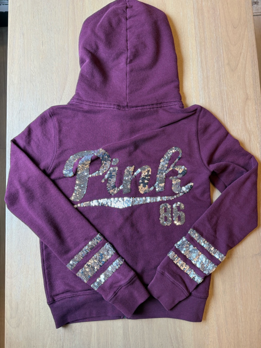 Rare Pink Victoria's Secret Bling Logo Burgundy Hoodie with Silver Sequins XS